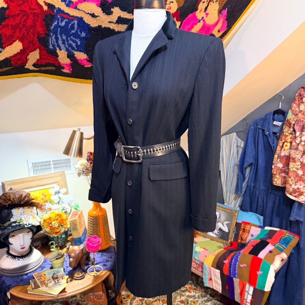 Ralph Lauren Vintage Pinstripe Worsted Wool Button Front Tuxedo Coat Dress Black